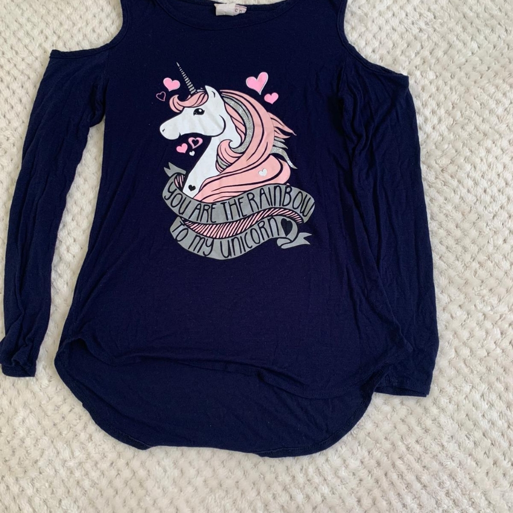 Blue unicorn off the shoulder shirt